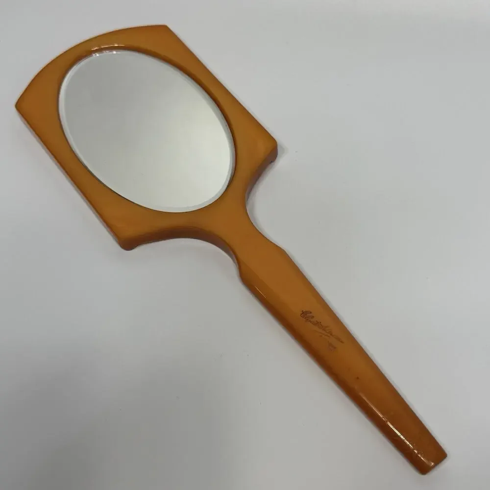 Butterscotch Bakelite Beveled Glass Handheld Vanity Mirror Elizabeth Arden 12